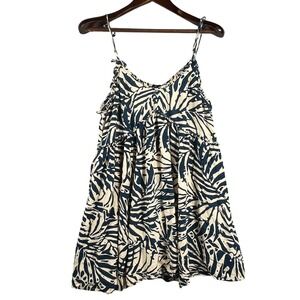 Patrons of Peace L Boho Babydoll Swing Dress Coastal Navy Beige Palm Fronds
